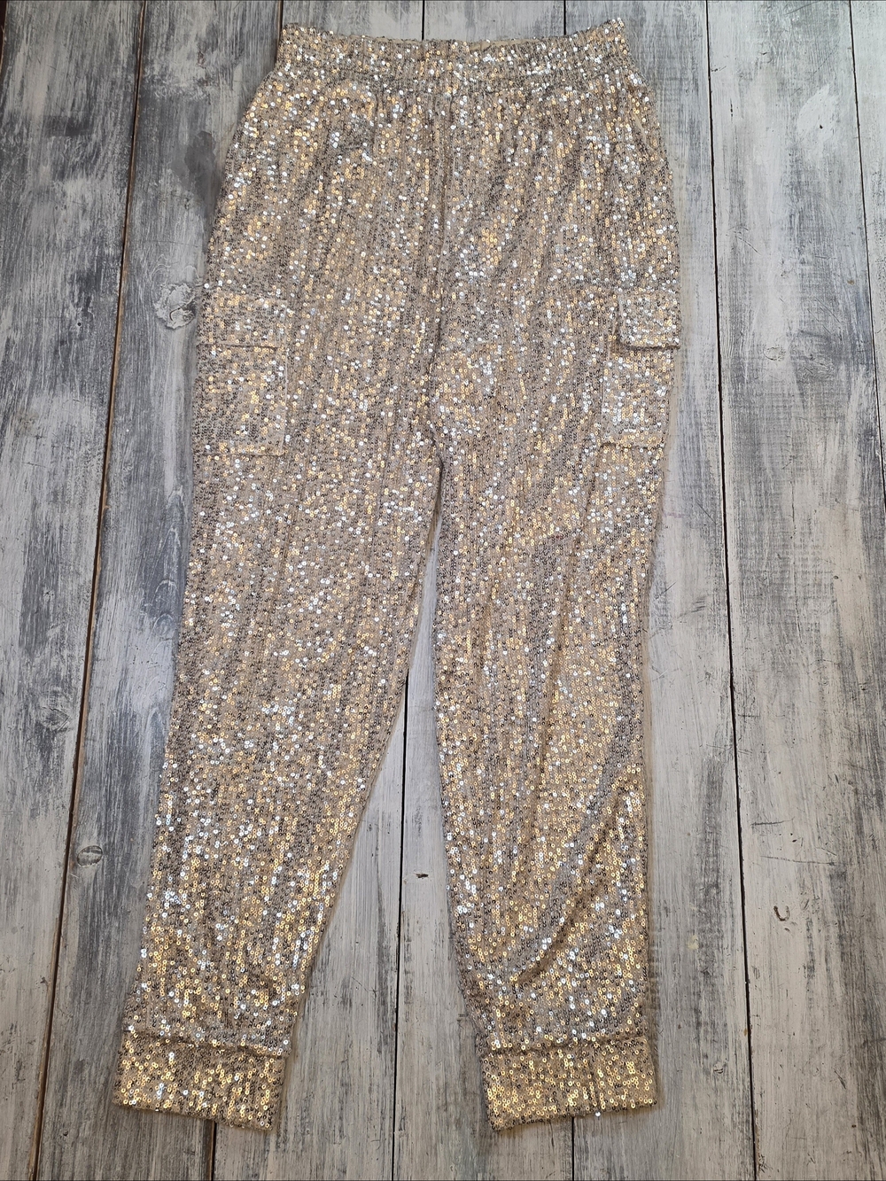 Versona Women's Gold Sequin Cargo Harem Joggers Elastic Pants sz S